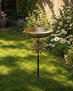 Bain d'oiseaux vintage en métal avec vasque bronze et papillon, sur pied pour jardin, terrasse et pelouse