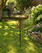 Bain d'oiseaux vintage en métal avec vasque bronze et papillon, sur pied pour jardin, terrasse et pelouse