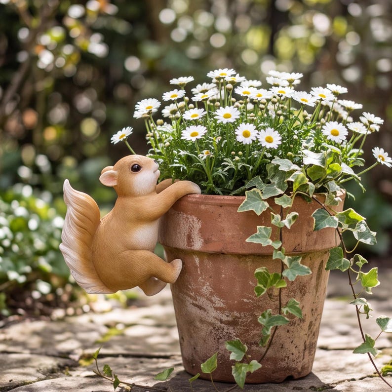 Figurine de jardin en résine Écureuil ou Lapin pour Pot de Fleurs, Décor Extérieur, Fait à la Main