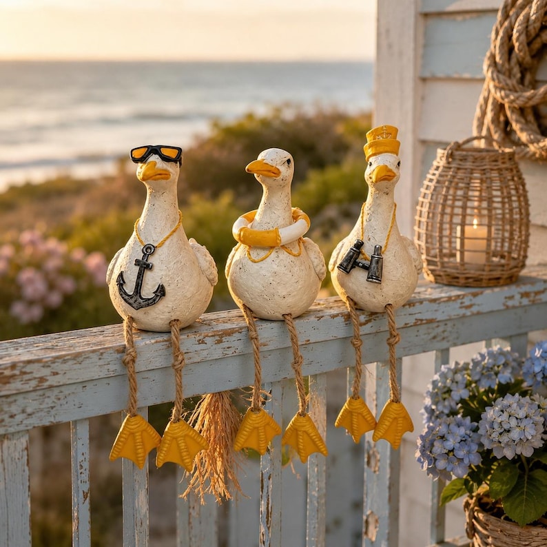 Lot de 3 figurines de mouette suspendues en résine pour étagère, décoration nautique de jardin intérieur/extérieur, 20 cm