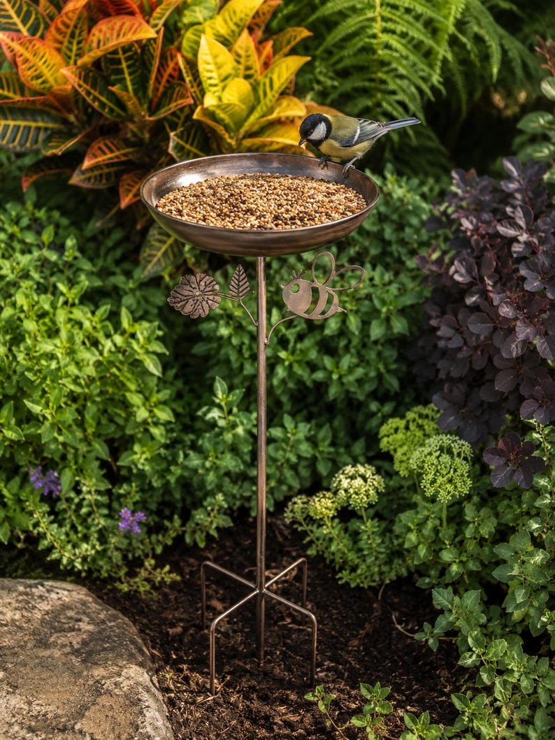 Bain d'oiseaux en cuivre antique avec piquet, mangeoire pour oiseaux, décoration de jardin avec abeilles, 76 cm