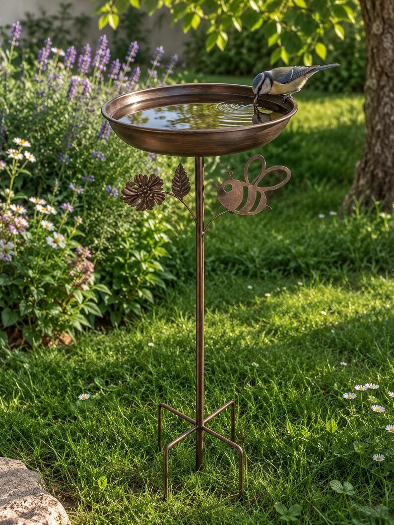 Bain d'oiseaux en cuivre antique avec piquet, mangeoire pour oiseaux, décoration de jardin avec abeilles, 76 cm