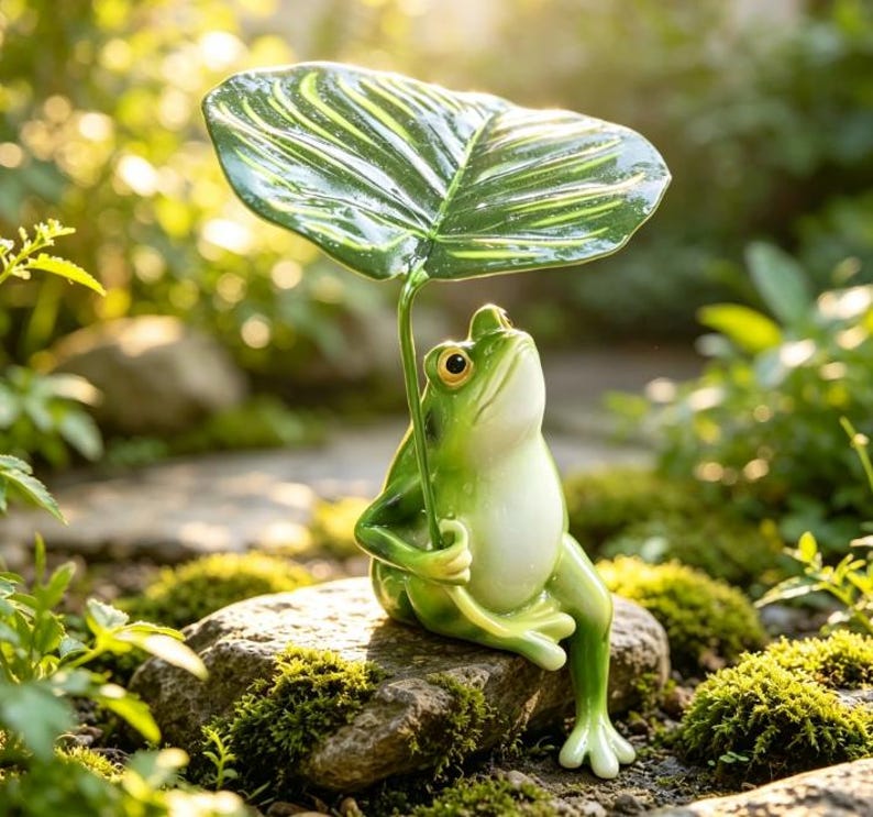 Grenouille en résine tenant une feuille, statue de jardin féérique, décoration de bureau pour plantes