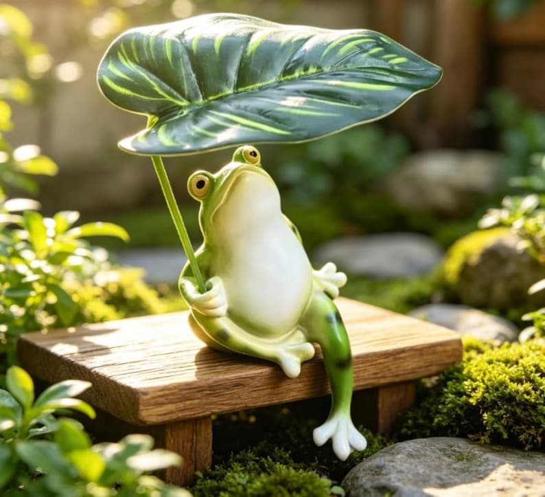 Grenouille en résine tenant une feuille, statue de jardin féérique, décoration de bureau pour plantes