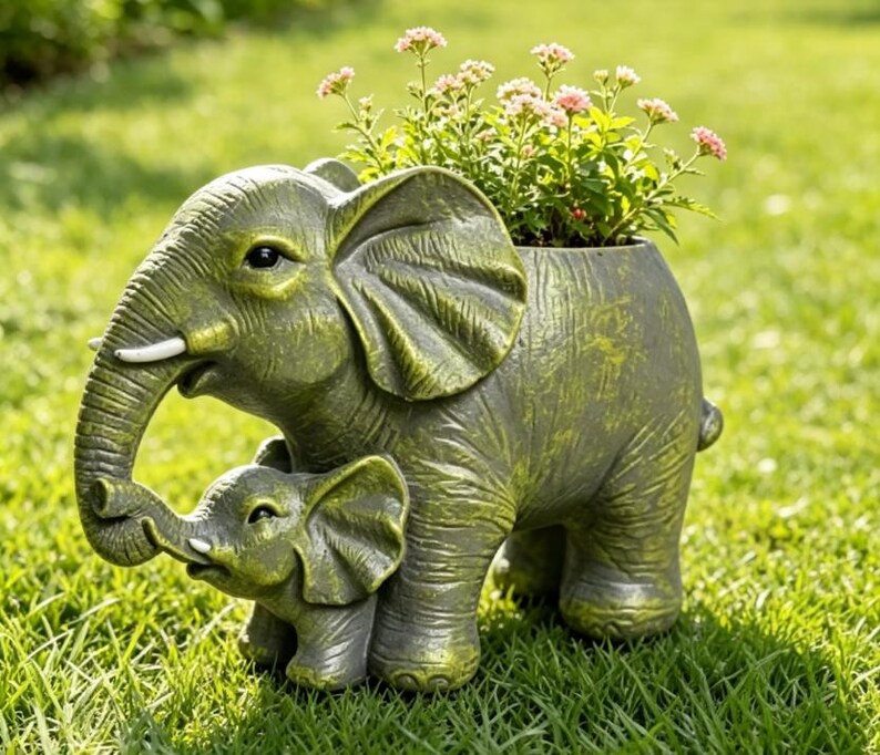 Pot de Fleurs Éléphant en Résine, Mère et Bébé, Décor de Jardin Extérieur