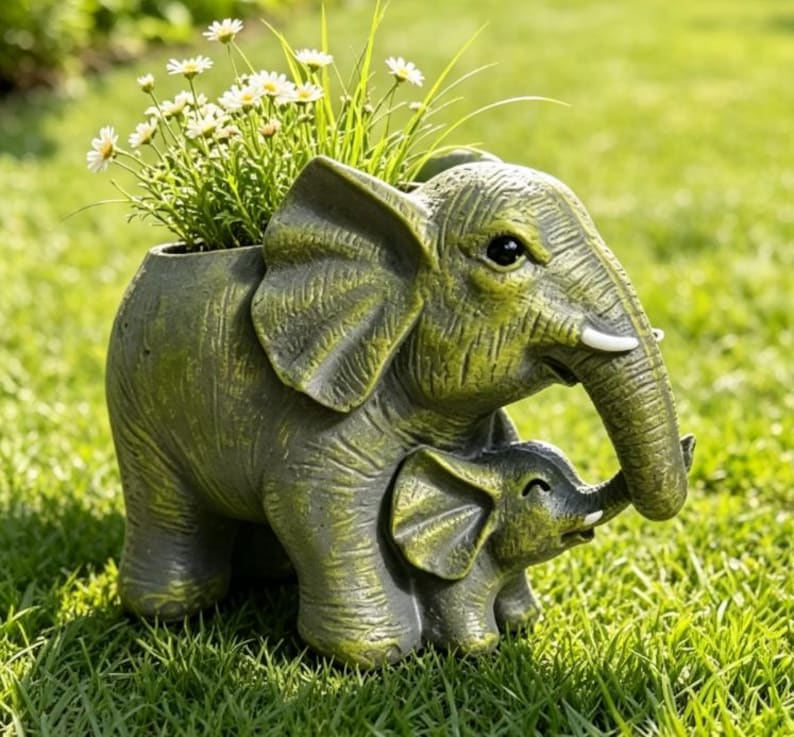 Pot de Fleurs Éléphant en Résine, Mère et Bébé, Décor de Jardin Extérieur
