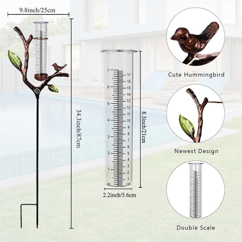Pieu de jardin en métal pour pluviomètre Bird Branch, Décoration de jardin rustique, Pluviomètre extérieur résistant aux intempéries