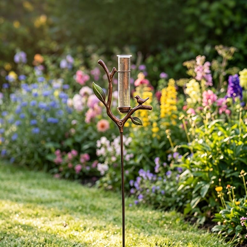 Pieu de jardin en métal pour pluviomètre Bird Branch, Décoration de jardin rustique, Pluviomètre extérieur résistant aux intempéries