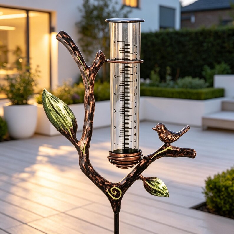 Pieu de jardin en métal pour pluviomètre Bird Branch, Décoration de jardin rustique, Pluviomètre extérieur résistant aux intempéries