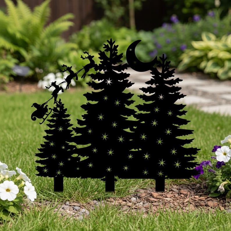 Scène de Noël en métal pour jardin, traîneau du Père Noël, pins enneigés, lune et étoile, décoration festive extérieure