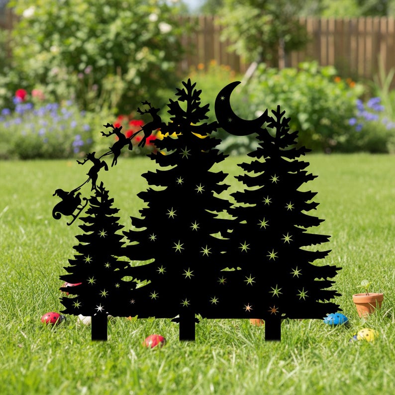 Scène de Noël en métal pour jardin, traîneau du Père Noël, pins enneigés, lune et étoile, décoration festive extérieure