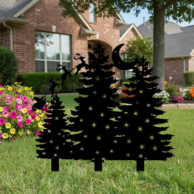 Scène de Noël en métal pour jardin, traîneau du Père Noël, pins enneigés, lune et étoile, décoration festive extérieure