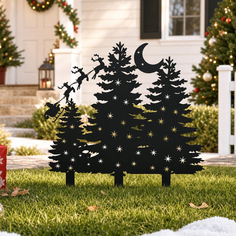 Scène de Noël en métal pour jardin, traîneau du Père Noël, pins enneigés, lune et étoile, décoration festive extérieure