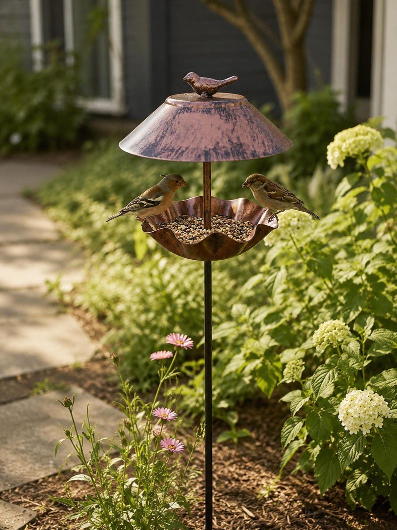 Abreuvoir à oiseaux en métal à pétales ondulés, piquet de jardin, gamelle d'eau extérieure sur pied, décoration rustique pour jardin
