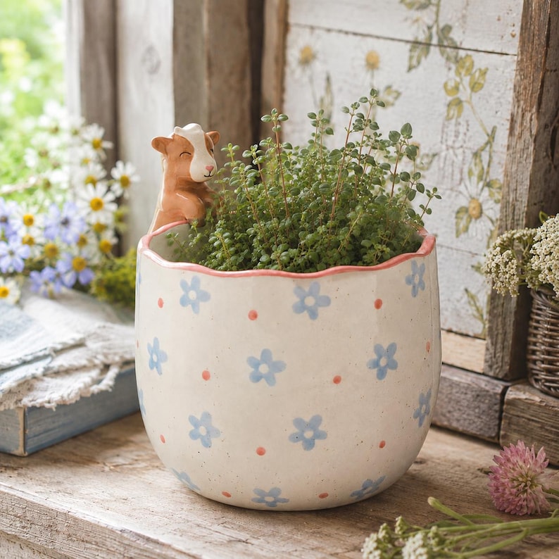 Pot de fleurs en céramique en forme de chèvre bleu festonné, porte-plante animal décoratif