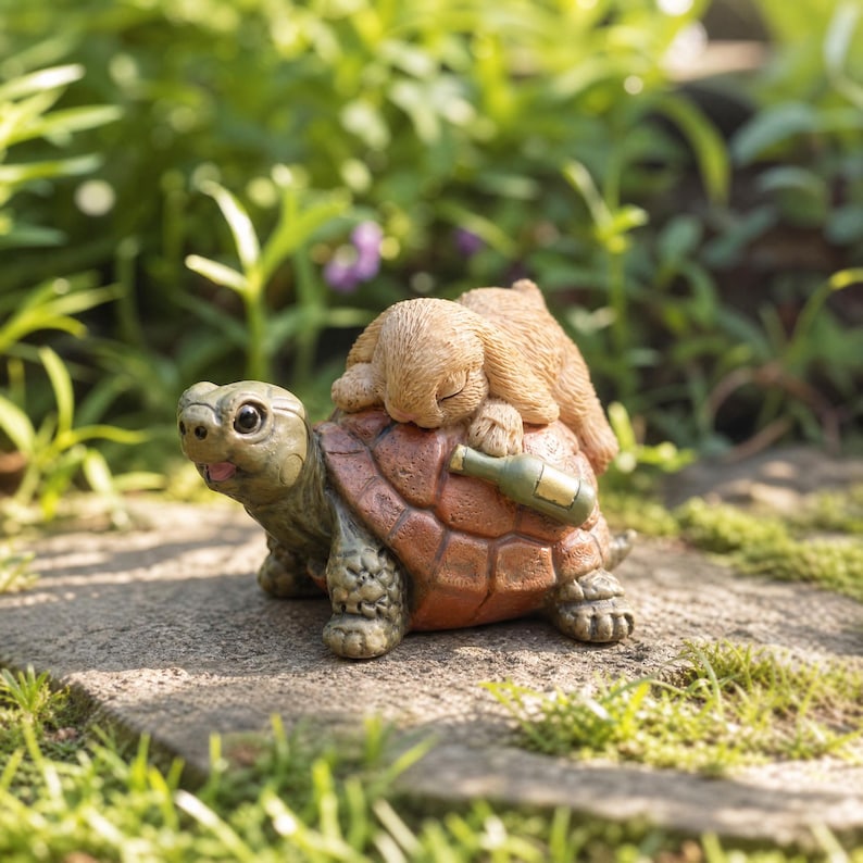 Figurine tortue ivre avec lapin endormi, résine, décoration humoristique pour jardin, pot de fleurs, bureau