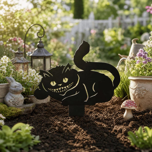 Chat du Cheshire Piquet de Jardin en Métal, Silhouette Féline Souriante, Ornement Décoratif pour Jardin et Terrasse, Tailles Multiples