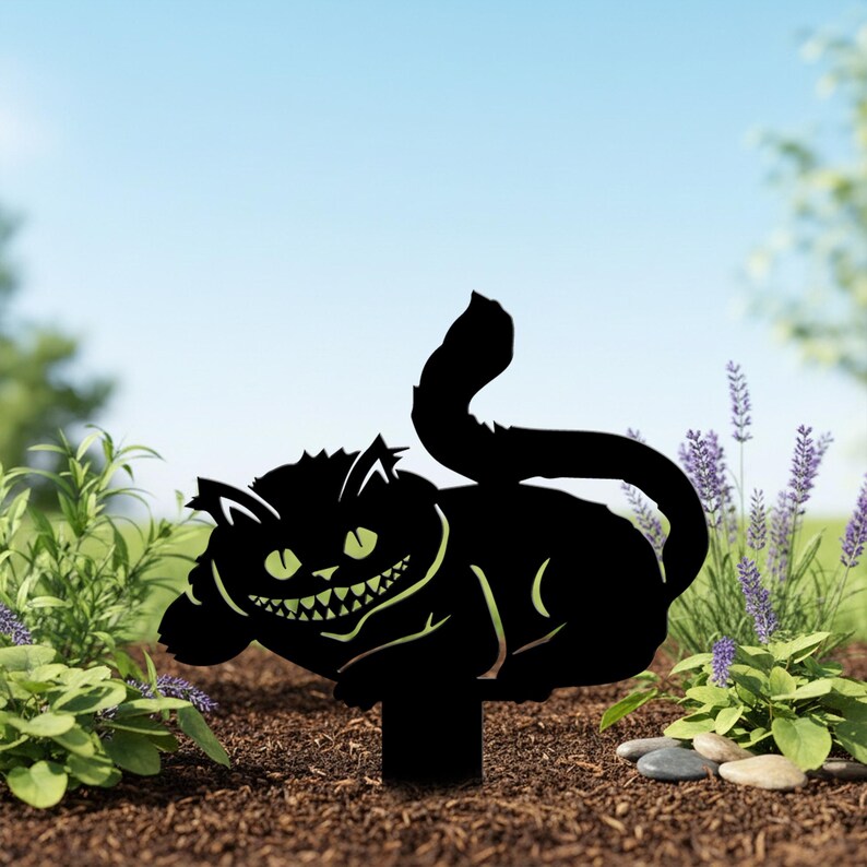 Chat du Cheshire Piquet de Jardin en Métal, Silhouette Féline Souriante, Ornement Décoratif pour Jardin et Terrasse, Tailles Multiples