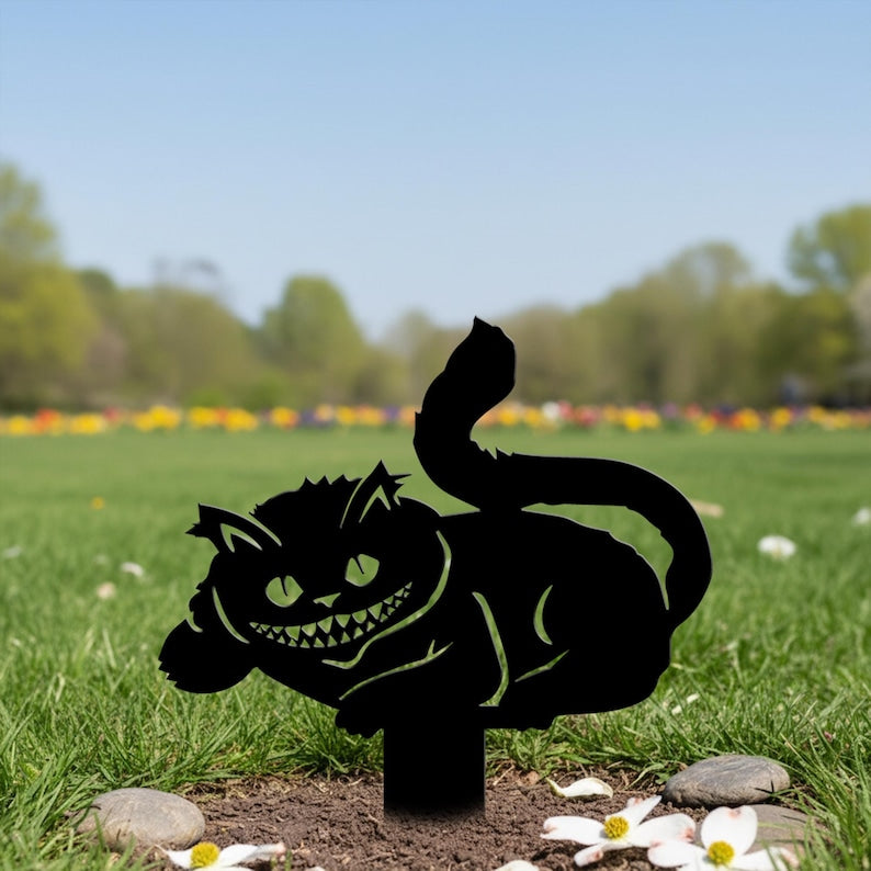 Chat du Cheshire Piquet de Jardin en Métal, Silhouette Féline Souriante, Ornement Décoratif pour Jardin et Terrasse, Tailles Multiples
