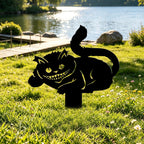 Chat du Cheshire Piquet de Jardin en Métal, Silhouette Féline Souriante, Ornement Décoratif pour Jardin et Terrasse, Tailles Multiples