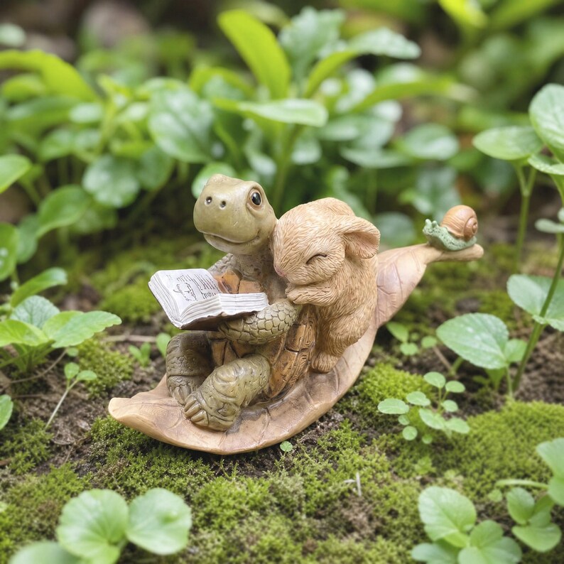 Figurine en résine tortue lisant un livre et lapin endormi, statue de jardin pour clôture, terrasse ou cour, cadeau de pendaison de crémaillère