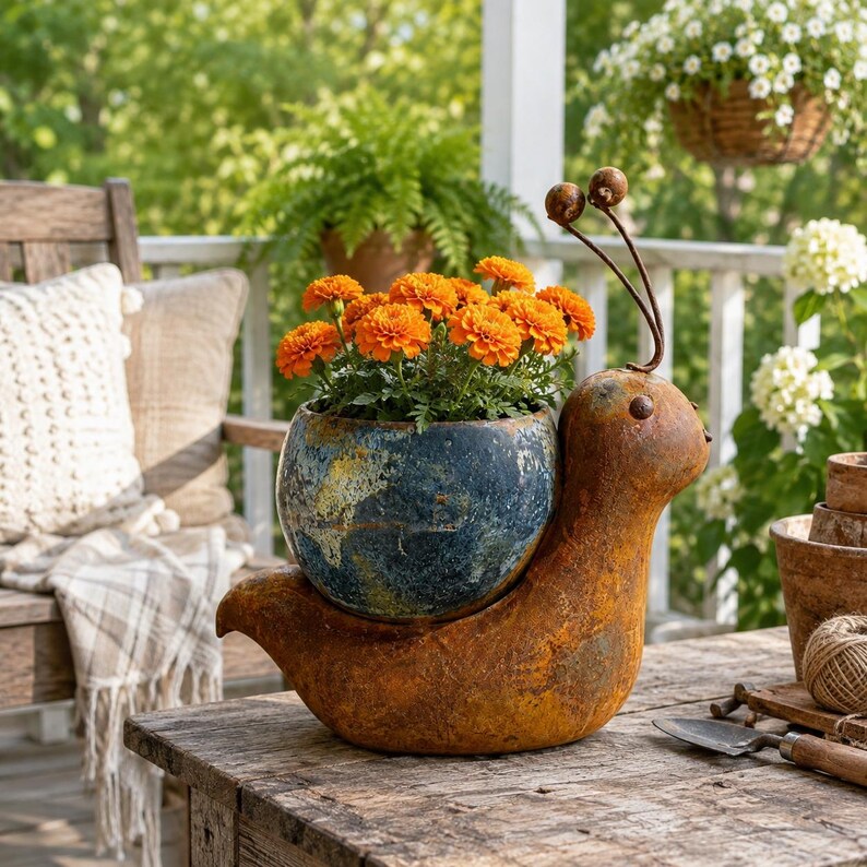 Jardinière en fer en forme d'escargot, pot de fleurs rustique pour extérieur