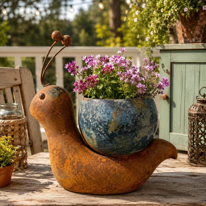 Jardinière en fer en forme d'escargot, pot de fleurs rustique pour extérieur