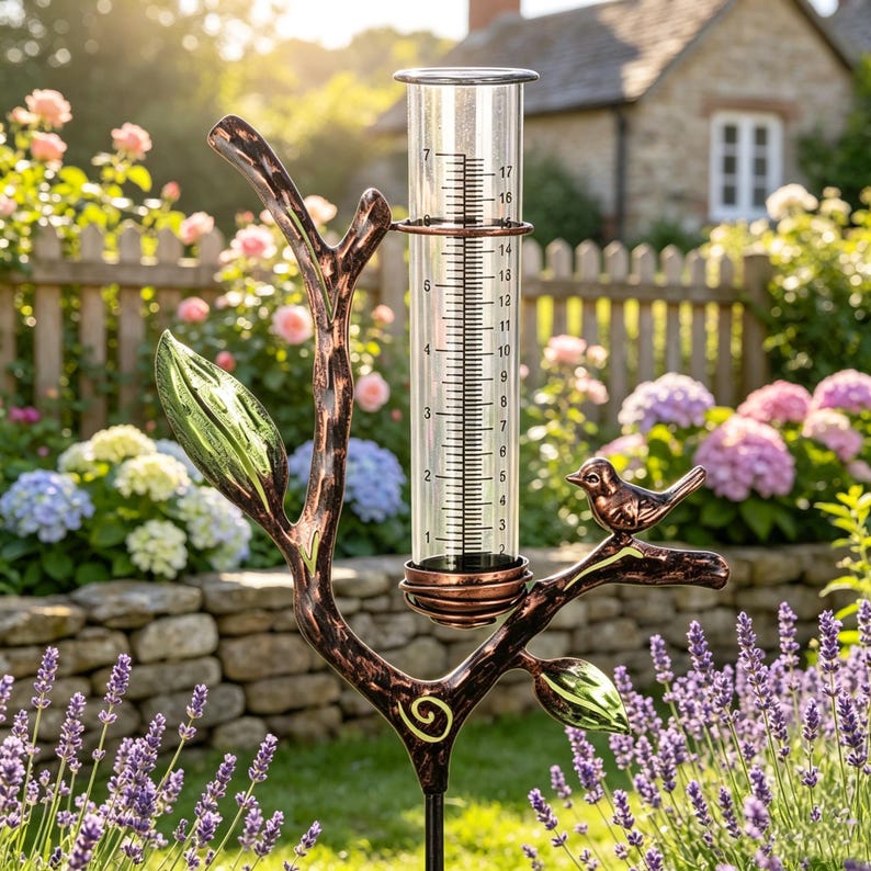 Pieu de jardin en métal pour pluviomètre Bird Branch, Décoration de jardin rustique, Pluviomètre extérieur résistant aux intempéries