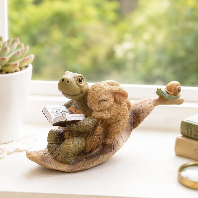 Figurine en résine tortue lisant un livre et lapin endormi, statue de jardin pour clôture, terrasse ou cour, cadeau de pendaison de crémaillère