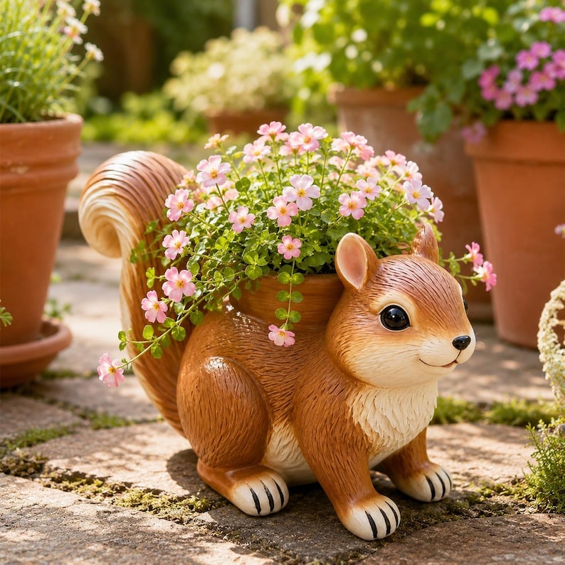 Pot de fleurs écureuil en résine, jardinière animal décorative, style cottagecore pour plantes succulentes et herbes aromatiques