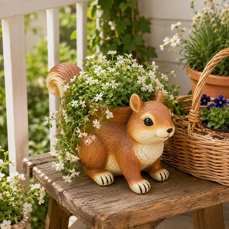 Pot de fleurs écureuil en résine, jardinière animal décorative, style cottagecore pour plantes succulentes et herbes aromatiques